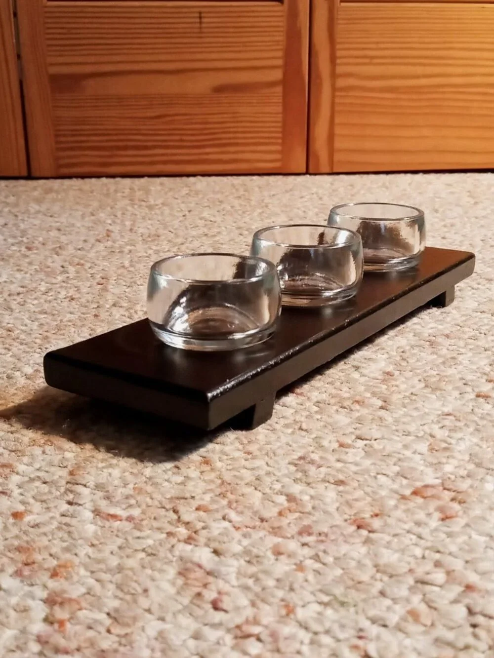3-Cup Glass Votive/Tealight Candle Holder Centerpiece w/Black Wooden Tray Decor